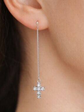 Threaders Silver tone Cross Pull Through 3-in Earrings - Women's Fashion Jewelry